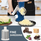 KEOUKE Rotary Cheese Grater Hand Crank Deep Blue - Shredder Slicer Grinder 3 Stainless Steel Blades, Stable Suction, Labor-Saving Handle, Safe Kitchen Tool for Cheese, Vegetable, Nuts, Chocolate