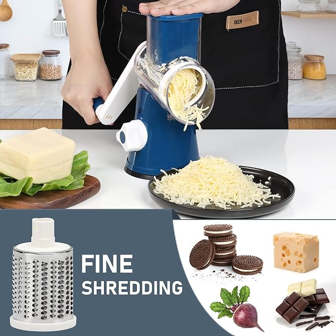 KEOUKE Rotary Cheese Grater Hand Crank Deep Blue - Shredder Slicer Grinder 3 Stainless Steel Blades, Stable Suction, Labor-Saving Handle, Safe Kitchen Tool for Cheese, Vegetable, Nuts, Chocolate