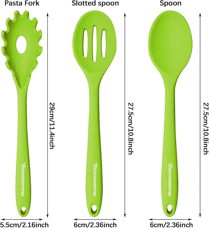 Silicone Cooking Spoons, Heat Resistant Large Silicone Pasta Slotted Spoon Solid Basting Spoon set for Nonstick Cookware, BPA Free Black Kitchen Silicone Spoons set for Mixing, Serving, Draining Green