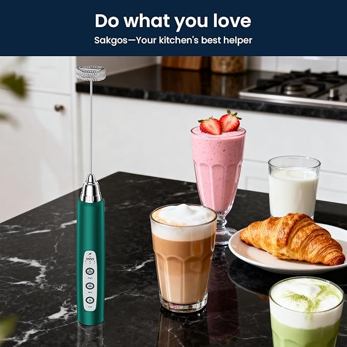 Milk Frother Rechargeable Handheld-Electric Whisk 3 Speed Adjustable, Coffee Frother Wand with 3 Stainless Whisks, Electric Foam Maker, Drink Mixer Blender for Latte Cappuccino Matcha Egg