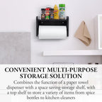 MyGift Modern Coal Black Solid Wood Wall Mounted Paper Towel Roll Holder and Top Shelf, Hanging Kitchen Disposable Napkin Dispenser with Spice Storage Rack