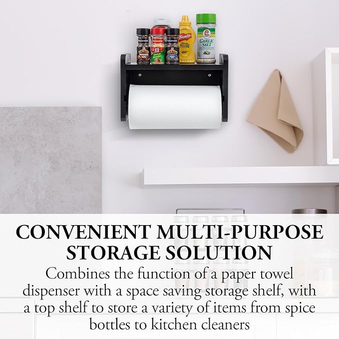 MyGift Modern Coal Black Solid Wood Wall Mounted Paper Towel Roll Holder and Top Shelf, Hanging Kitchen Disposable Napkin Dispenser with Spice Storage Rack
