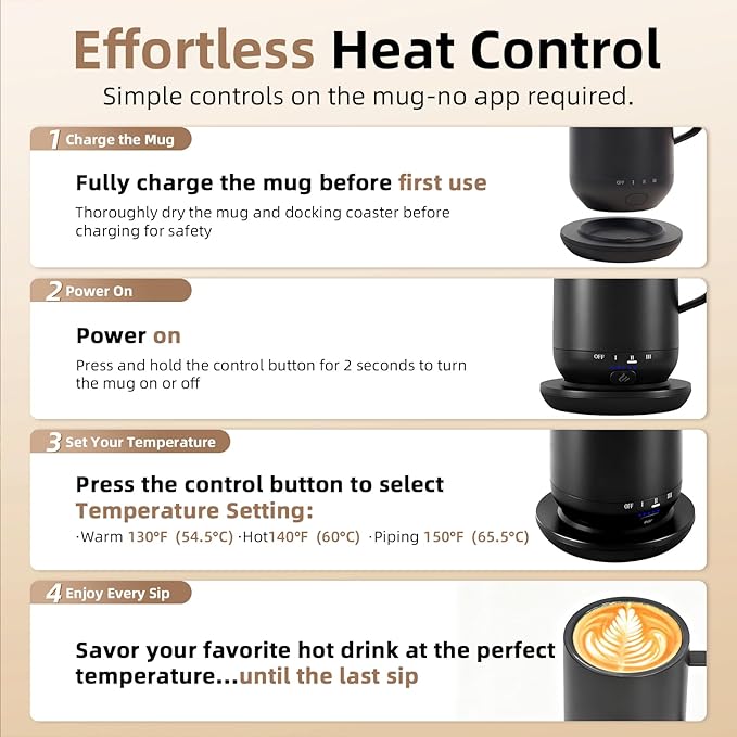 Self Heating Coffee Mug,High-Capacity- 18 oz, 180 Min Battery Life, Smart Heated Coffee Mug，Smart Mug, Simple Temperature Control Operation, Gifts for Family Members (Black)