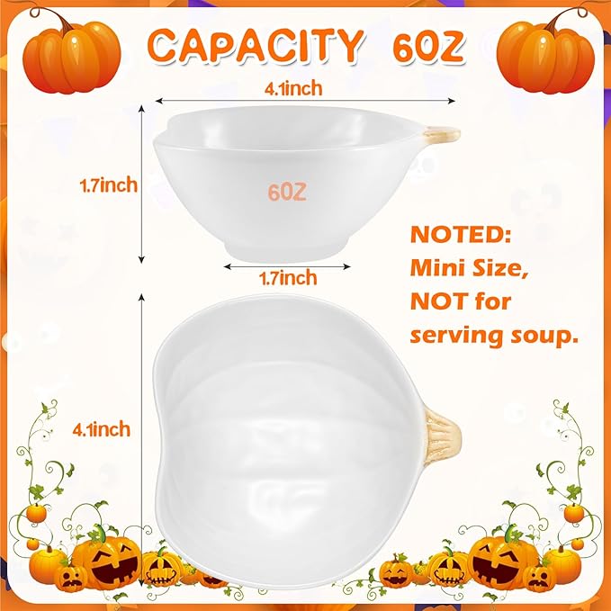 Kolewo4ever 12 Pieces Fall Ceramic Pumpkin Bowl 6 Ounces Ramekins Small Pumpkin Shaped Bowls Orange Dinnerware Decoration for Halloween Thanksgiving Serving Dip, Sauce, Condiments,Snack (Ivory White)