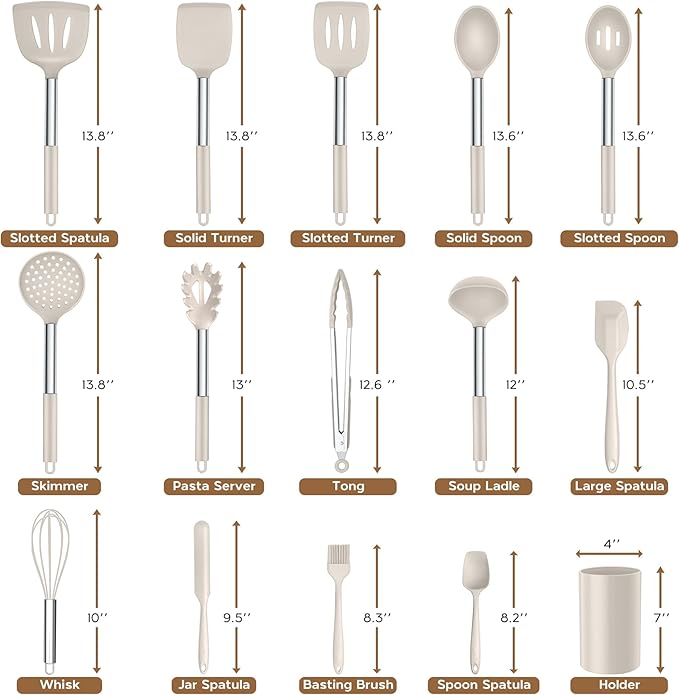 Silicone Cooking Utensils Set of 15, Kitchen Utensils Set with Holder for Nonstick Cookware, 446°F Heat Resistant Stainless Steel Handle - Khaki