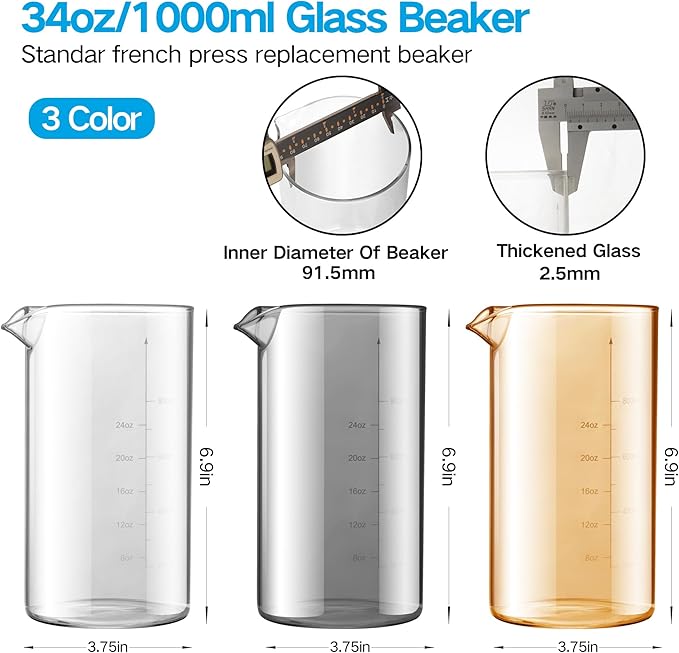 Standard Universal Design 34 oz French Press Replacement Glass Beaker, Fits Most Brands French Press Coffee Makers (1Quart / 1000ml / 5-6 Cup) Coffee Press Borosilicate Glass Water Bottle