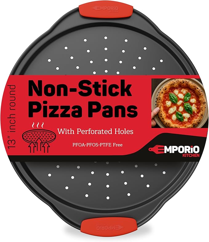 Non-Stick Pizza Pan with Silicone Handle 1 Pack, 13 Inch Round Carbon Steel Tray with Perforated Holes, Dishwasher & Oven Safe Up To 450°F, PFOAPFOSPTFE Free, Durable Nonstick Gray Coating