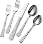 Yoehka 60-Piece Hammered Silverware Set for 12, Stainless Steel Flatware Set with Tree Pattern Handles, Mirror Polished Cutlery/Utensils Set for Home, Restaurant, Hotel, Dishwasher safe
