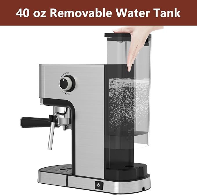 VEGETA Espresso Machine 20 Bar, Small Coffee Maker with 40oz Removable Water Tank, Stainless Steel Espresso Machine with Steam Milk Frother, Latte & Cappuccino Machine for Home, Silver