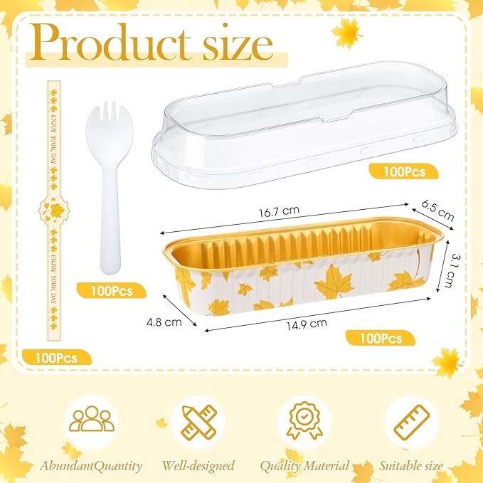 Tioncy 50 Pcs Autumn Themed Mini Pink Loaf Pans with Lids Spoons Sticker Maple Leaf 6.8oz Disposable Rectangle Aluminum Foil Baking Pans Muffin Cupcake Cups for Picnics Fall Birthday Party Supply