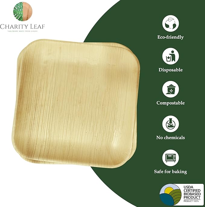 Disposable Palm Leaf 9" Square Plates (50 pieces) Bamboo Like Serving Platters, Disposable Boards, Eco-Friendly Dinnerware For Weddings, Catering, Events