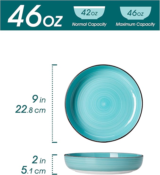 vancasso Pasta Bowls Set of 4, 46 oz Ceramic Salad Serving Bowls and Soup Bowls, Microwave Safe Pasta Plates, Large Shallow Kitchen Dishes, Bonita Series - Blue