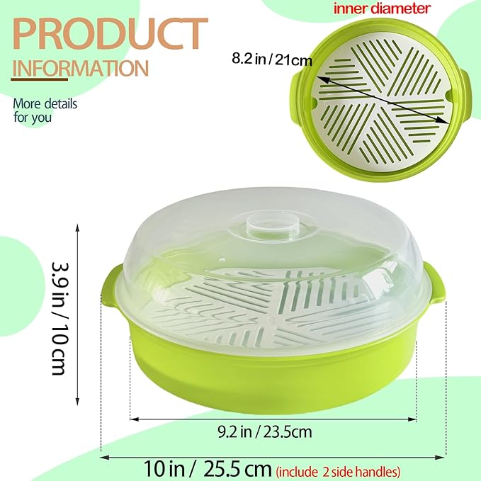 Microwave Steamer for Vegetables, Plastic Microwave Vegetable Steamer with Lid for Vegetables Prep Seafood Fish Cooking, Green-Round, 10Inch