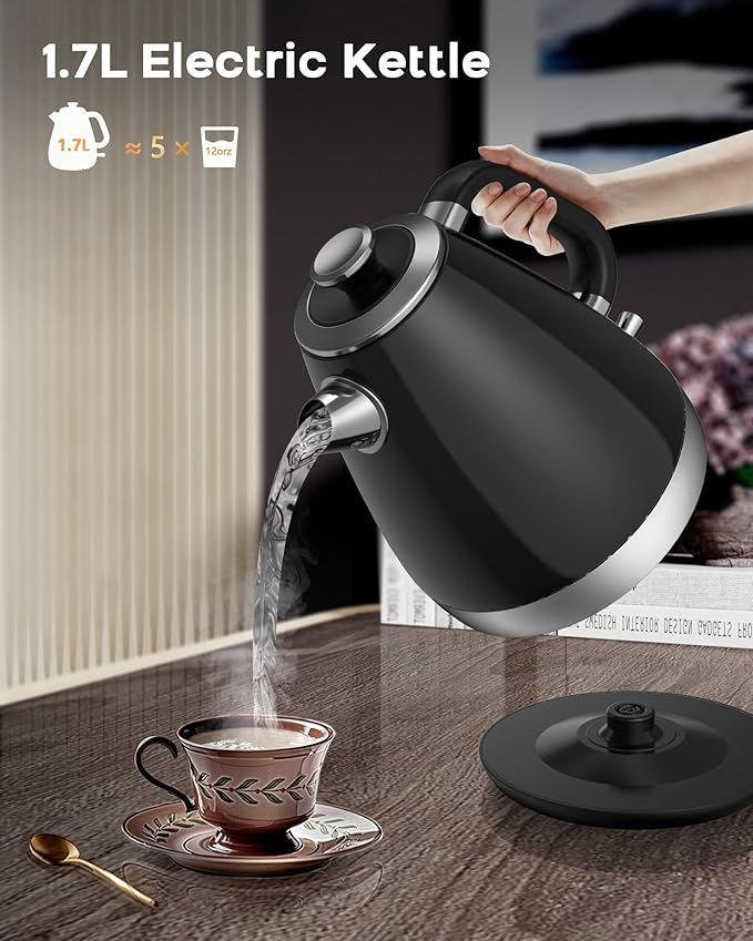 1.7L Retro Electric Kettle, 1200w Fast Boiling, Stainless Steel Hot Water Kettle Electric, Auto Shut-Off, Cordless, Boil-Dry Protection, Black