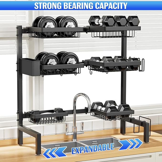 SNSLXH 3 Tiers 6 Baskets Dish Drying Rack, 24.8"-35.4",Over Sink Dish Drying Rack, 3-Tier Large Sink Rack for Kitchen, Extensible and Adjustable, Saving Kitchen Space