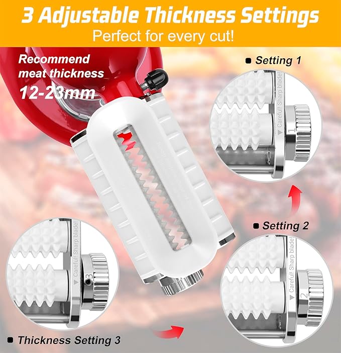 Adjustable 3 Thickness Meat Tenderizer Attachment for Kitchenaid Mixers, Dishwasher Safe Durable Metal Housing & Plastic Rollers/Gears Accessories-White