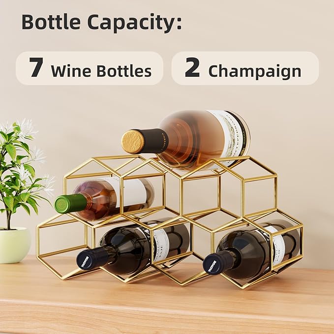 Urban Deco Small Gold Wine Rack 9 Bottle Holder Countertop - No Need Assembly Modern Metal Wire Wine Storage for Counter Top Table Top Coffee Bar Kitchen