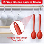 E-far Silicone Cooking Spoon Set of 2, Heat Resistant Kitchen Spoons Utensils Nonstick Mixing Spoon for Baking Stirring Serving, Non-Toxic & Dishwasher Safe (Red)