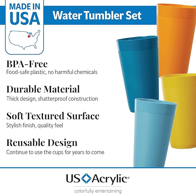 US Acrylic Newport 20 ounce Unbreakable Plastic Stackable Water Tumblers in 4 Sunrise Colors | Set of 12 Drinking Cups | Reusable, BPA-free, Made in the USA, Top-rack Dishwasher and Microwave Safe