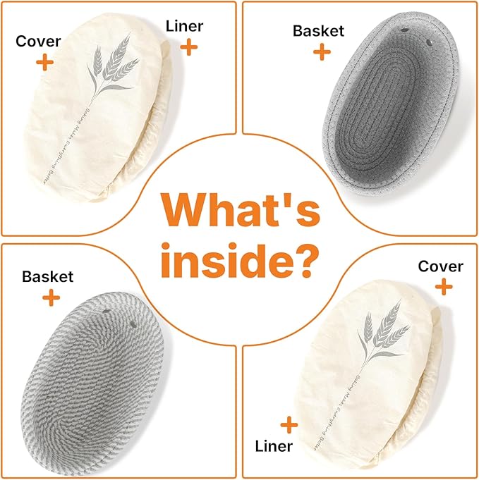 Banneton Bread Proofing Basket Set - 2X Oval Sourdough Proofing Baskets - Sourdough Proofing Bowls Bread Baking Supplies With Liner & Cloth Cover - Cotton Rope Banneton Basket for Baking
