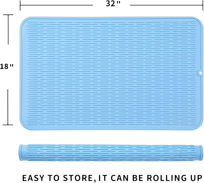 Silicone Dish Drying Mat for Multiple Usage,Easy clean,Eco-friendly,Heat-resistant Silicone Mat for Kitchen Counter or Sink,Refrigerator or Drawer Liner Light Blue 4XL 32 inches x 18 inches