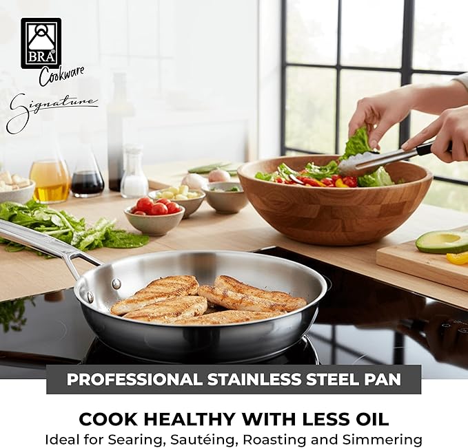 BRA COOKWARE Signature Frying Pan | 11 inches Professional Skillet | Stainless Steel Frypan | All Stovetop Compatible - Full Induction Skillet | PFOA Free | w/o Non-Stick Coating | Polished Finish