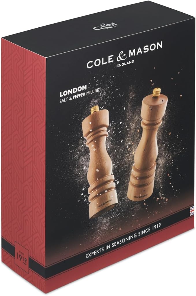 Cole & Mason London Refillable Spice Mill - Kitchen & Home Accessory - Salt and Pepper Grinder Set with Ceramic and Carbon Steel Mechanism - 7", Natural Beech