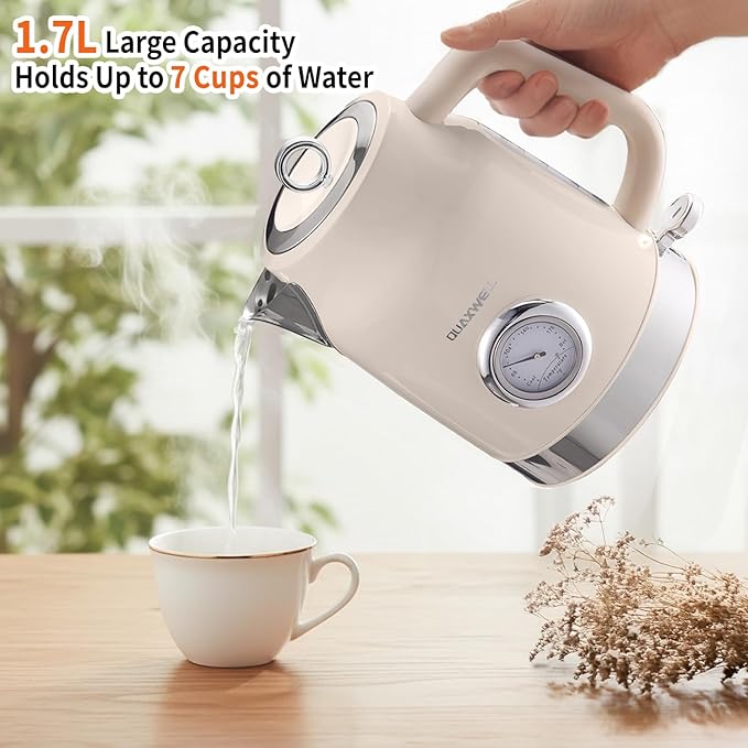 Retro Electric Kettle, 1.7L 304 Stainless Steel Tea Kettle with Temperature Gauge, 1500W Fast Boiling Water Boiler,Auto Shut-Off & Boil-Dry Protection, BPA-Free, Beige