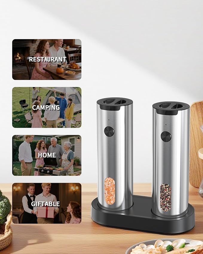 CIRCLE JOY Electric Salt and Pepper Grinder Set, Stainless Steel Rechargeable Pepper Mill Set with Charging Base, 110ML Top-Fill, Adjustable Coarseness, LED Light, One-Hand Operation, Gift Idea