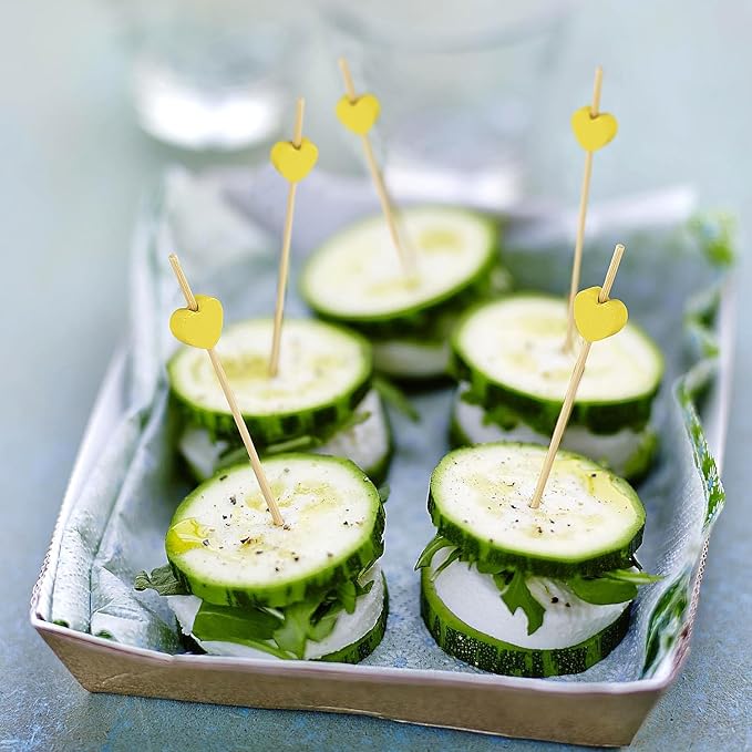 Minisland Yellow Love Heart Cocktail Picks, 4.7 Inch Long Bamboo Fancy Toothpicks for Appetizers, Decorative Mardi Gras Wedding Party Food Drinks Garnish Fruit Kabob Skewer Sticks 100 Counts -MSL441