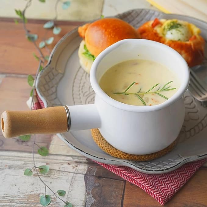Enamel Milk Pot 17oz Butter Warmer Small Sauce Pan with Spouts Butter Melting Pot, Wooden Handle, White
