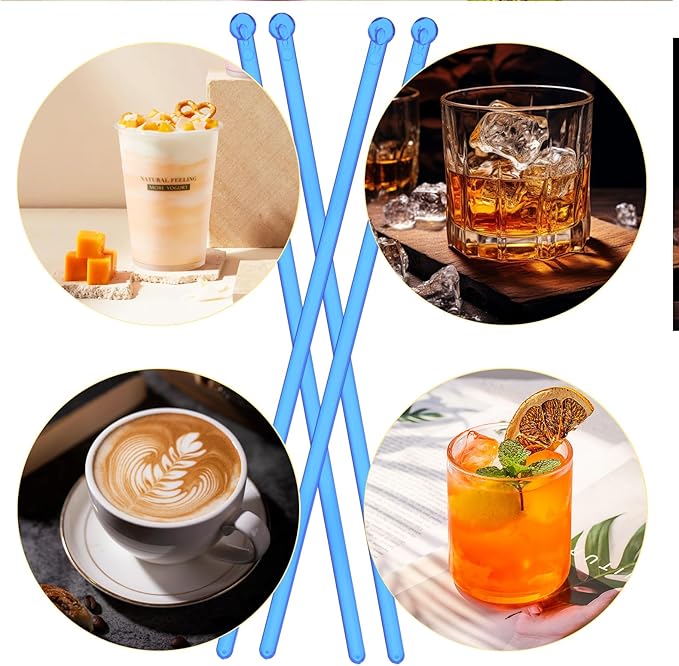 100 Pieces Disposable Plastic Round Top Clear Swizzle Sticks, Crystal Cake Stick, Cocktail Coffee Drink Stirrers 7.24 Inch (Blue)