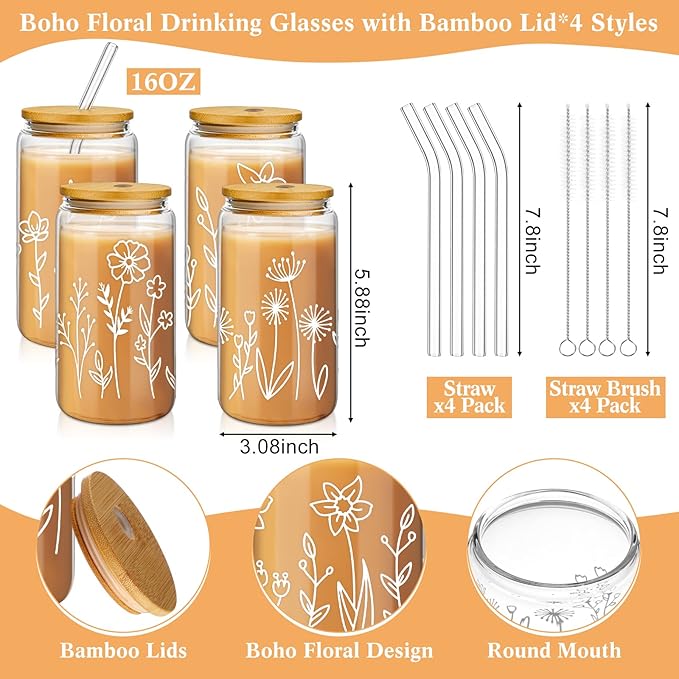 Mumufy 4 Pack Gift for Women Cute Glass Cup Tumbler Flower Iced Coffee Mugs 16 oz Glass with Bamboo Lid & Straw, Mothers Day Birthday Gift for Mom Sister Bridesmaid Baby Shower (Boho Floral)