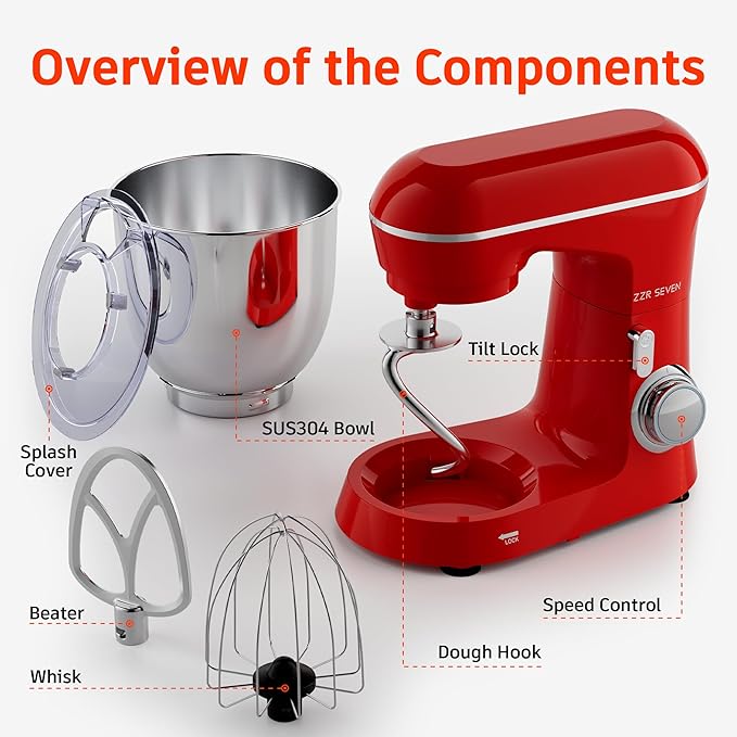 Stand Mixer, 5.5 Quart, 10 Speed Tilt-Head Food Mixer, Kitchen Electric Mixer with SS Bowl, Copper Motor, Beater, Dough Hook, SS Egg Whisk (450W Red)