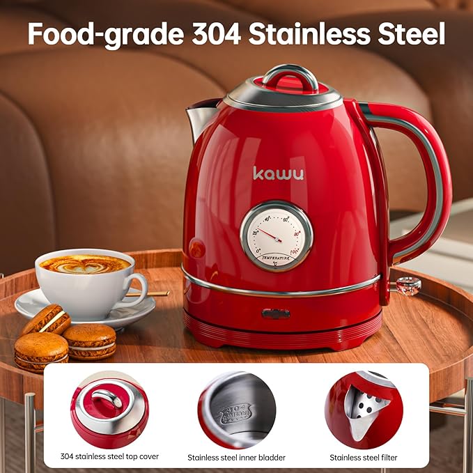 Kawu Electric Kettle, 1.3L/1.4QT Retro Electric Kettle Hot Tea Water Boiler with 304 Stainless Steel Inner, 1000W Fast Boiling Kettle with Boil-Dry Protection, Auto Shut Off, Keep Warm, Food Grade