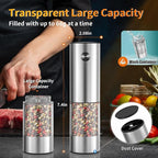 2Pack Electric Salt and Pepper Grinder Set USB Rechargeable with Warm LED Light, Adjustable Coarseness Lidaop Large Capacity Automatic Salt Pepper Mill Grinder for Kitchen, Sliver Set