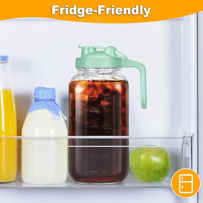 Mason Jar Pitcher, 64 OZ Breast Milk Pitcher Double Leak Proof with Pour Spout Handle, Wide Mouth Iced Tea Pitcher for Fridge, Creamer Container for Coffee, Sun Tea juice (Green,1 Pack)