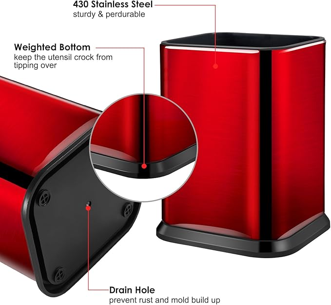 RedCall Stainless Steel Kitchen Utensil Holder for Countertop, Spoon Spatula Organizer,Modern Rectangular Large Cooking Utensil Caddy Counter,Utensil Crock (Stainless Steel Red)