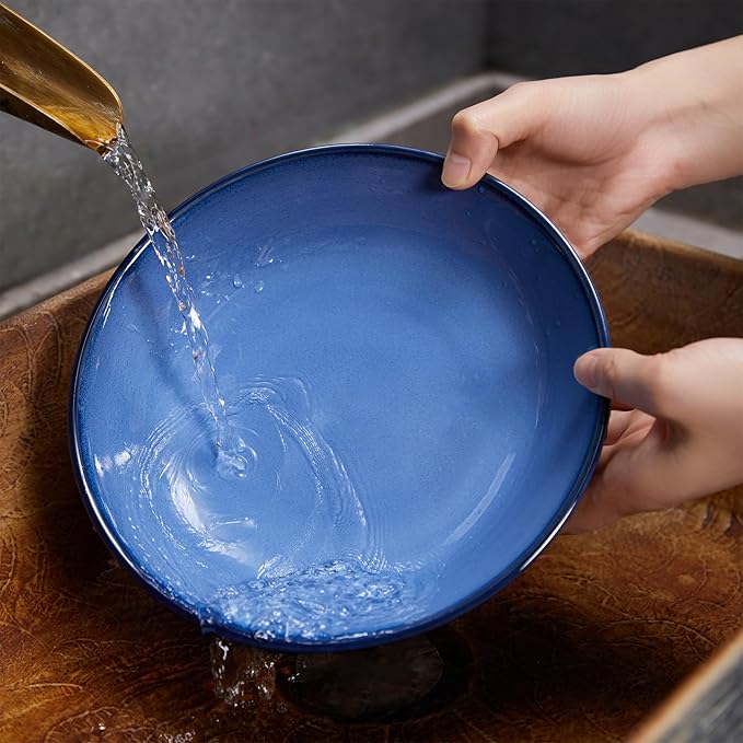 Ceramic Pasta Bowl Set of 4, 32 Oz Large Salad Bowls for Serving, Microwave & Dishwasher Safe Soup Bowls for Kitchen, Light Blue Stoneware Bowl Set