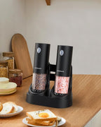 Electric Salt and Pepper Grinder Set - Automatic Refillable Salt and Pepper Grinders with Charging Base & LED Light, 6-Level Adjustable Coarseness with External Dial, Ideal Kitchen Gadget
