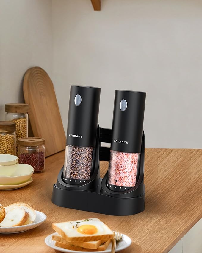 Electric Salt and Pepper Grinder Set - Automatic Refillable Salt and Pepper Grinders with Charging Base & LED Light, 6-Level Adjustable Coarseness with External Dial, Ideal Kitchen Gadget