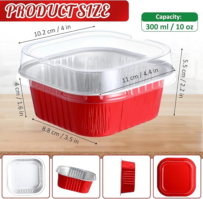 Aoriher 150 Pieces 10 oz Christmas Mini Cake Pans with Lids Christmas Aluminum Pans Baking Cups Square Disposable 4" x 4" Baking Tins for Desserts Xmas Party Supplies (Red Green)