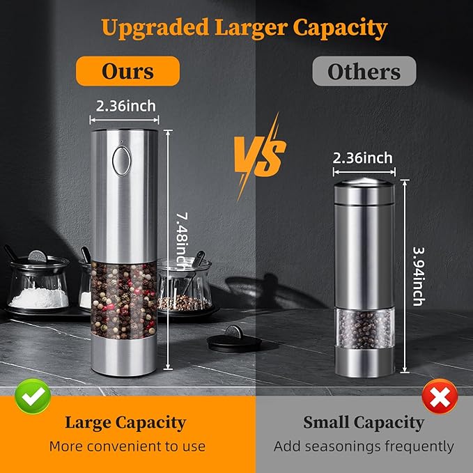 【LARGE CAPACITY】Electric salt and pepper grinder set with Storage Base：USB Rechargeable，Stainless Steel Body Automatic Pepper Mills with Adjustable Coarseness (Stainless Steel Set)