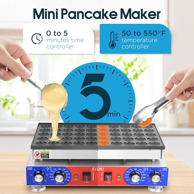 SICHI Mini Pancake Maker - 50Pcs Mini Dutch Pancake Maker With Nonstick and Quick Heat-Up, Mini Pancakes Maker Machine With 2 Thermostats & 2 Timers Separate Control, Commercial Pancake Maker Machine