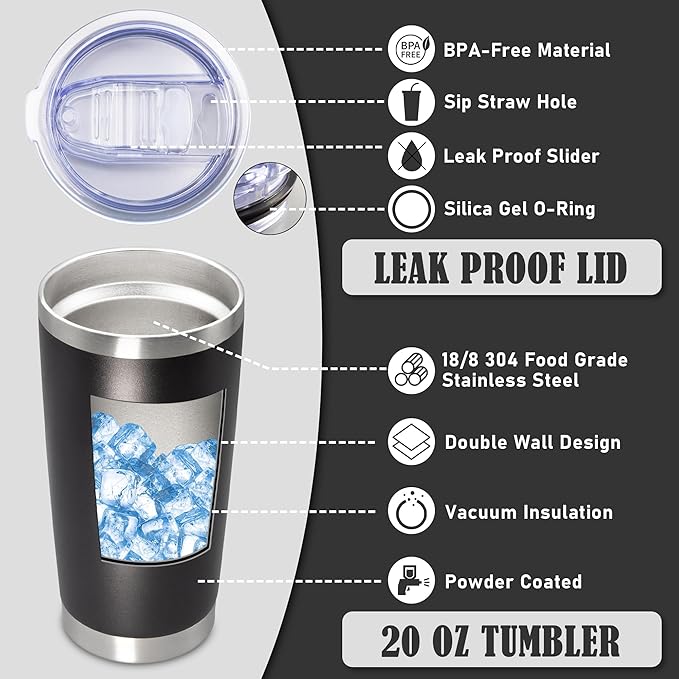 20 oz Tumbler Coffee Tavel Tumblers Bulk with Lid Stainless Steel Double Wall Vacuum Insulated Mug Powder Coated Cups fit Car Cupholder for Hot and Cold - Black, 8Pack