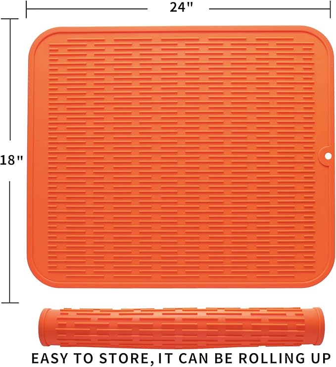 Silicone Dish Drying Mat for Multiple Usage,Easy clean,Eco-friendly,Heat-resistant Silicone Mat for Kitchen Counter or Sink,Refrigerator or Drawer Liner Orange 2XL 24 inches x 18 inches