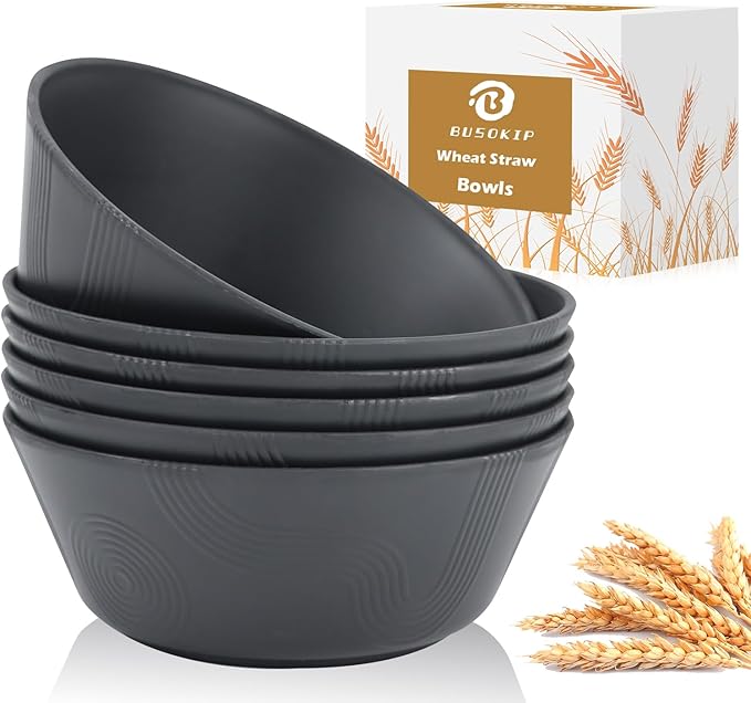 36 oz Large Cereal Bowls Set of 6, Alternative to Plastic Popcorn Bowls Reusable, Unbreakable Wheat Straw Bowls, Microwave Safe Large Cereal Bowl for Kitchen, Serving, Camping(Black)