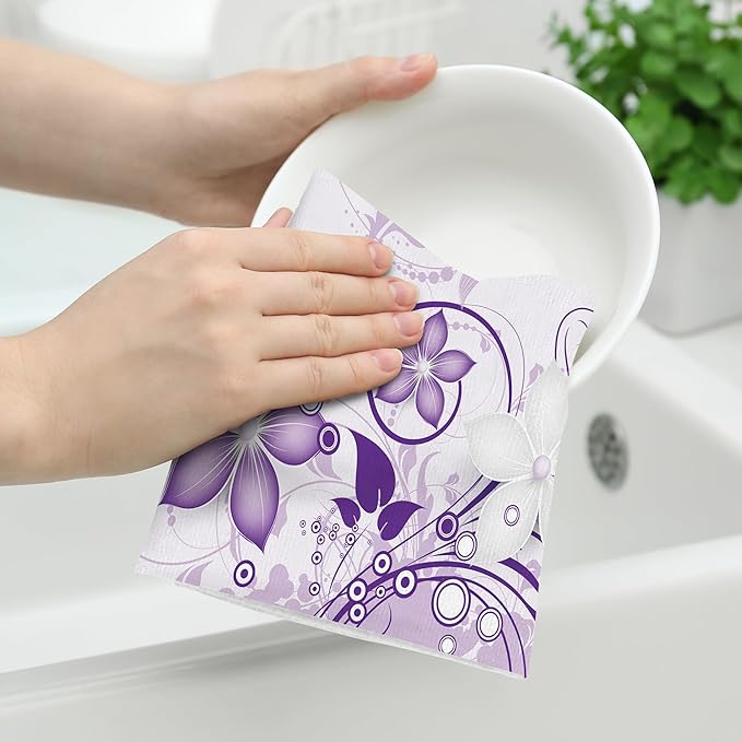 Purple Floral Kitchen Towels with Hanging Loop, Absorbent Dish Towels for Kitchen Cleaning, Cute Tea Towels for Kitchen Cooking Baking Farmhouse Home Decor 16x24 Inch Set of 2