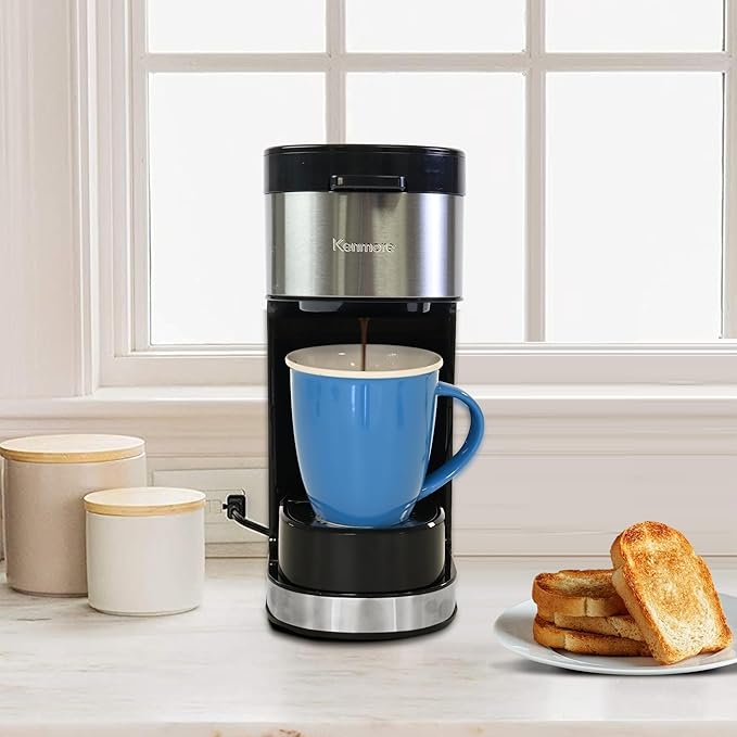 Kenmore Single Serve Coffee Maker With Stainless Steel Travel Mug, Capsule/Pod & Ground Coffee Brewing, K Cup Compatible, Hot & Iced Coffee Machine, 6 to 14 Oz Brew Sizes, Auto Shut-Off, Black