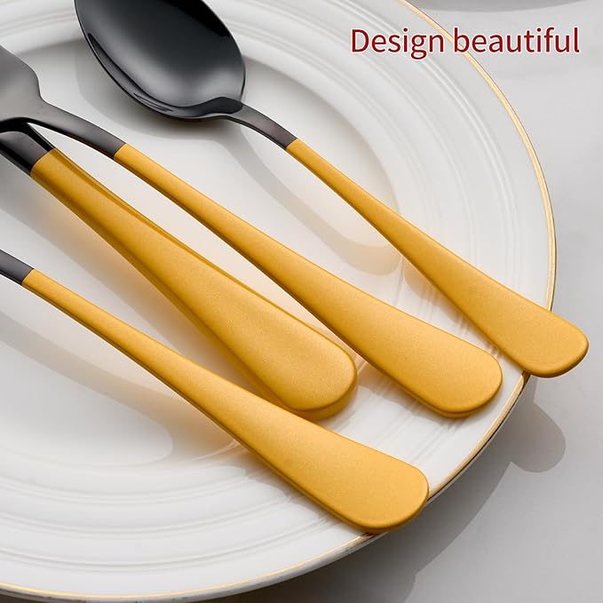 20-Piece Yellow Silverware Set 18/0 Stainless Steel Black Silverware Set Yellow Handle Cutlery Black Set Service for 4 Dinner Knives Forks Spoons Set Flatware Set Finish Dishwasher Safe
